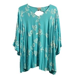 Catherines Teal Floral Embroidered Keyhole Bell Sleeves Flowy Tunic Top Blouse